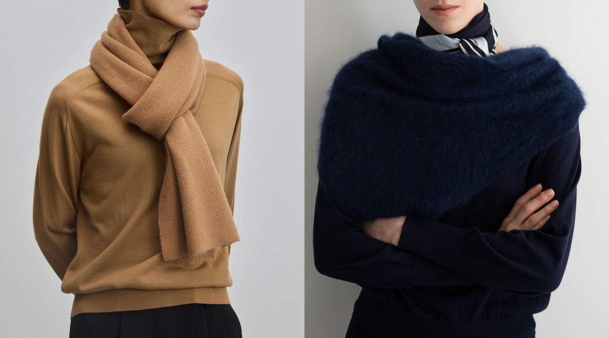 【再入荷】天然素材の優しい肌あたりで、首元も手元も暖かく。カシミヤ混ニットの冬小物3型とウール三角ストールが再入荷