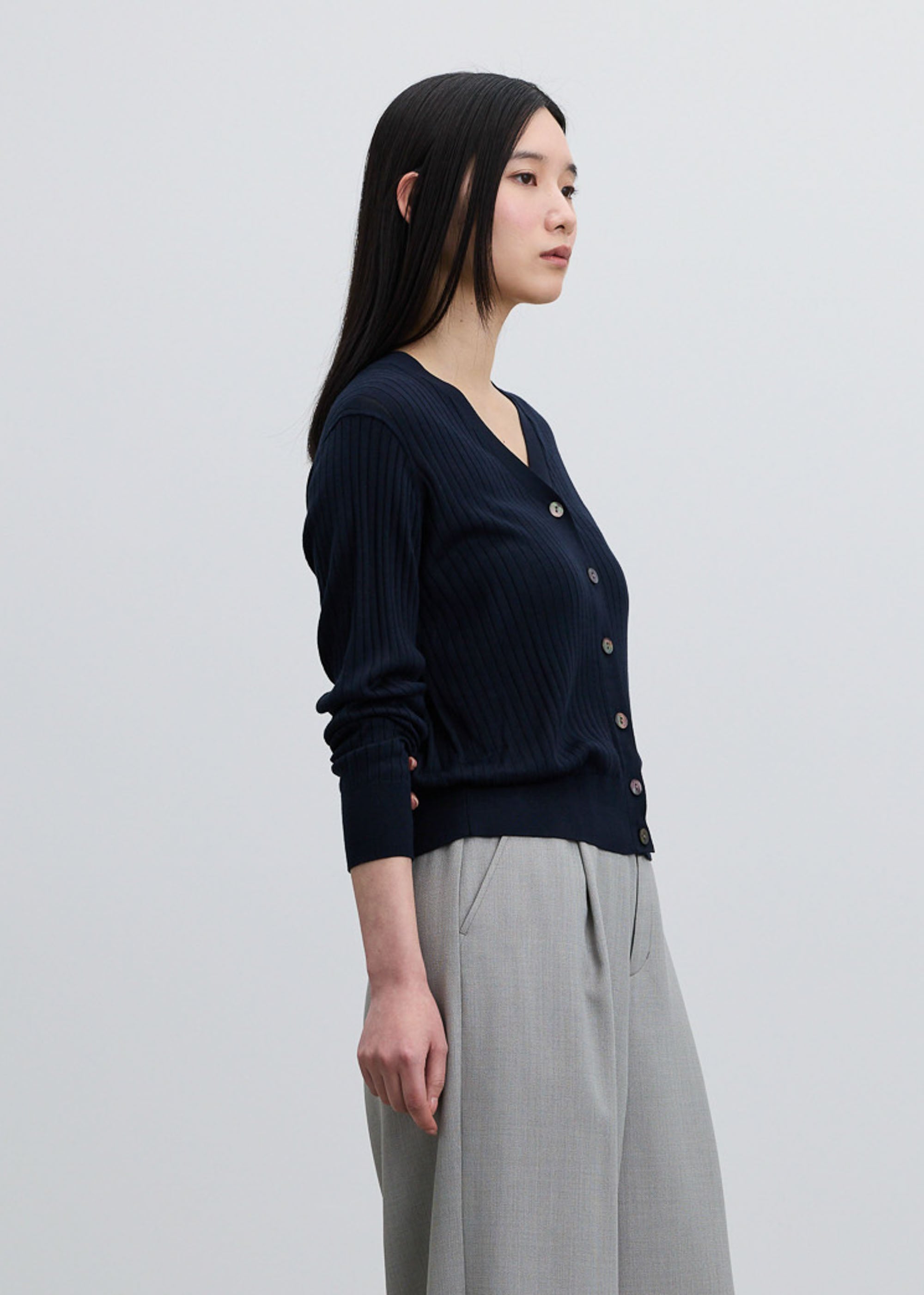 シルクワイドリブVネックカーディガン