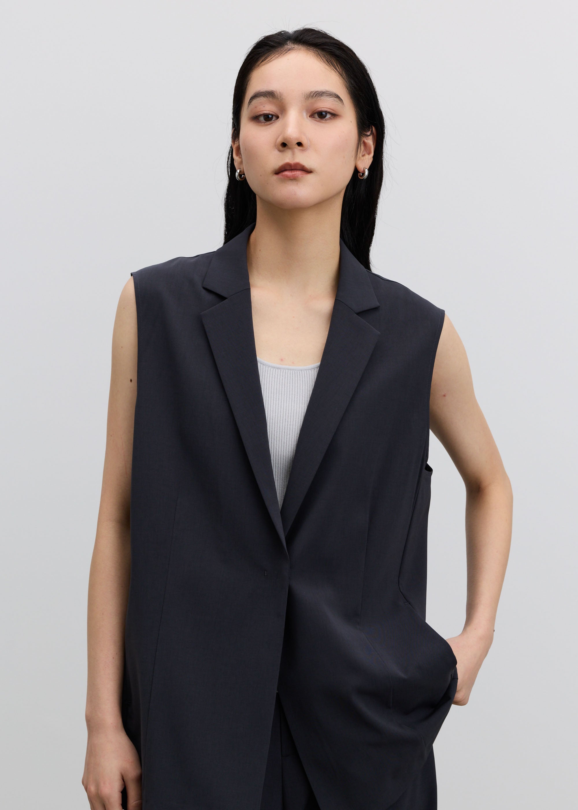 試着のみ♪ella_selectshop フロントスリット ジレ フロントスリットジレ＆ラメトップス＆タックワイドパンツ3点