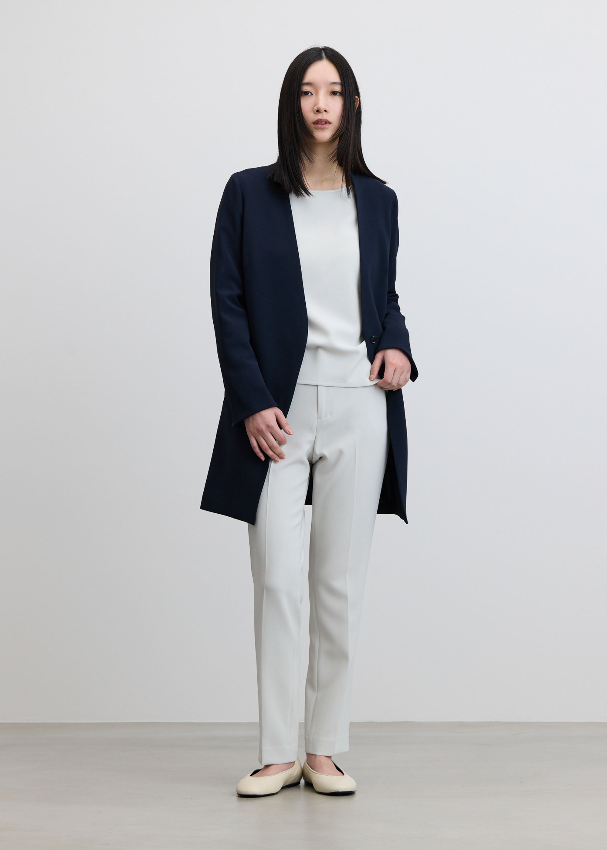 新品☆L紺系♪ロング丈ノーカラージャケット＆ワイドパンツスーツ☆w498 ロングノーカラージャケット - SOÉJU online store｜上質な大人の女性