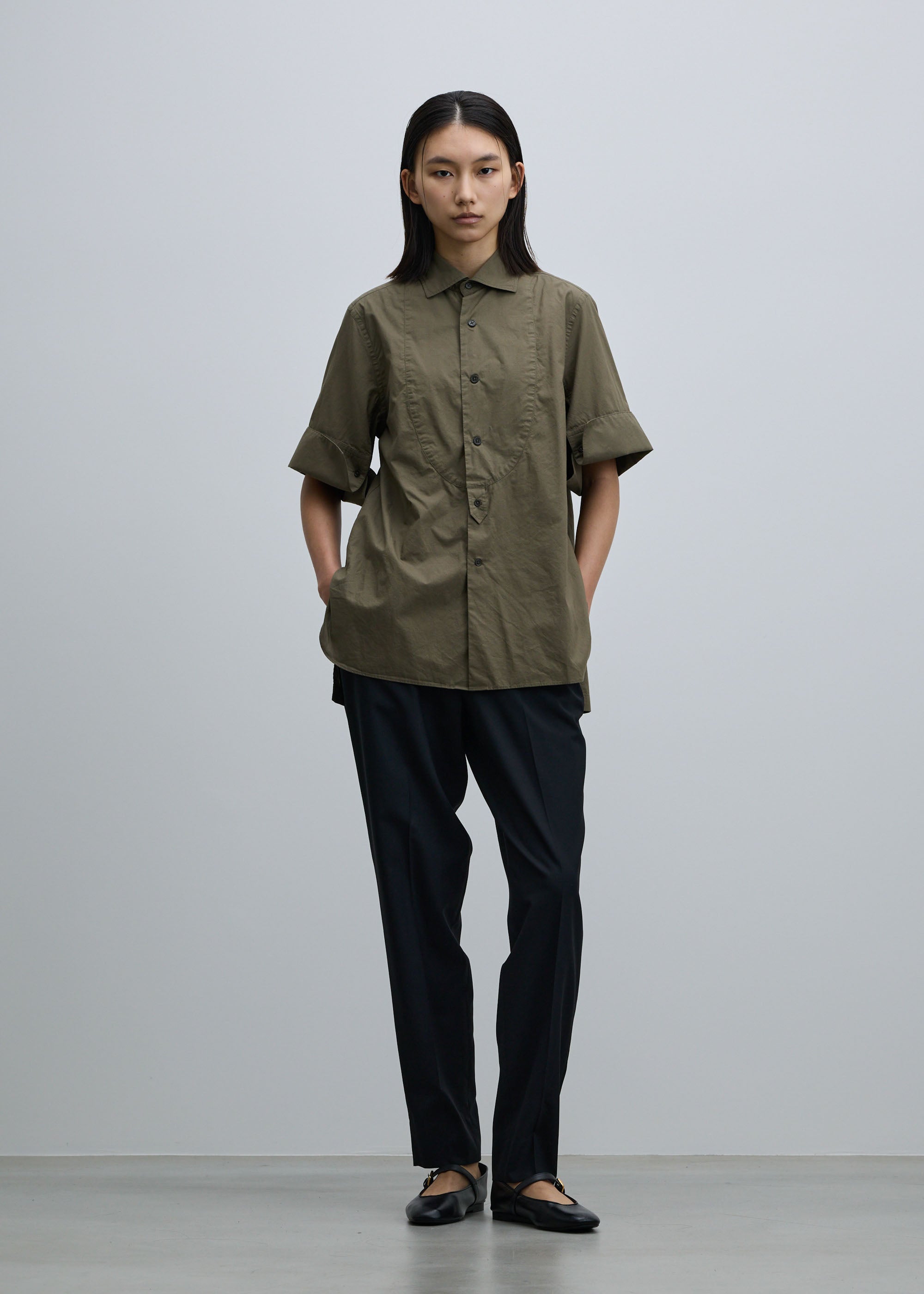 コットンシルクダブルカフスハーフスリーブシャツ