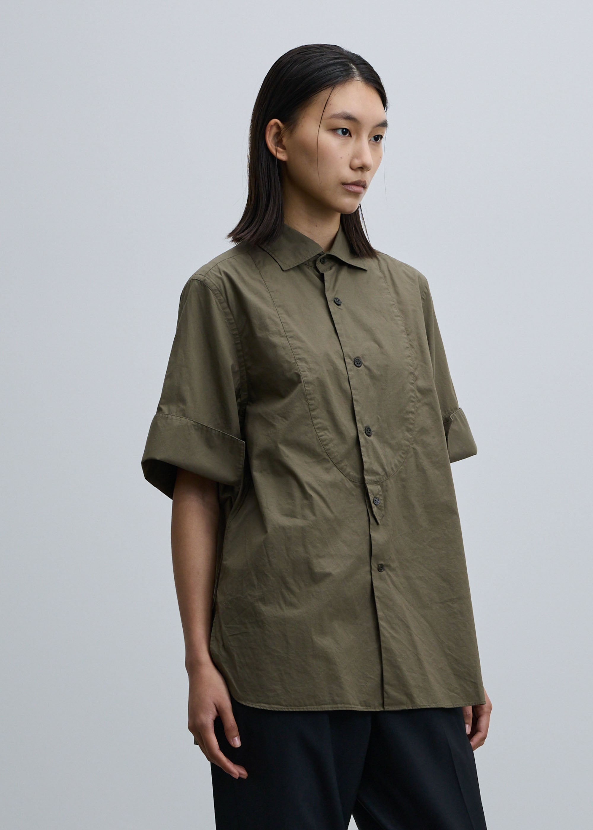 コットンシルクダブルカフスハーフスリーブシャツ