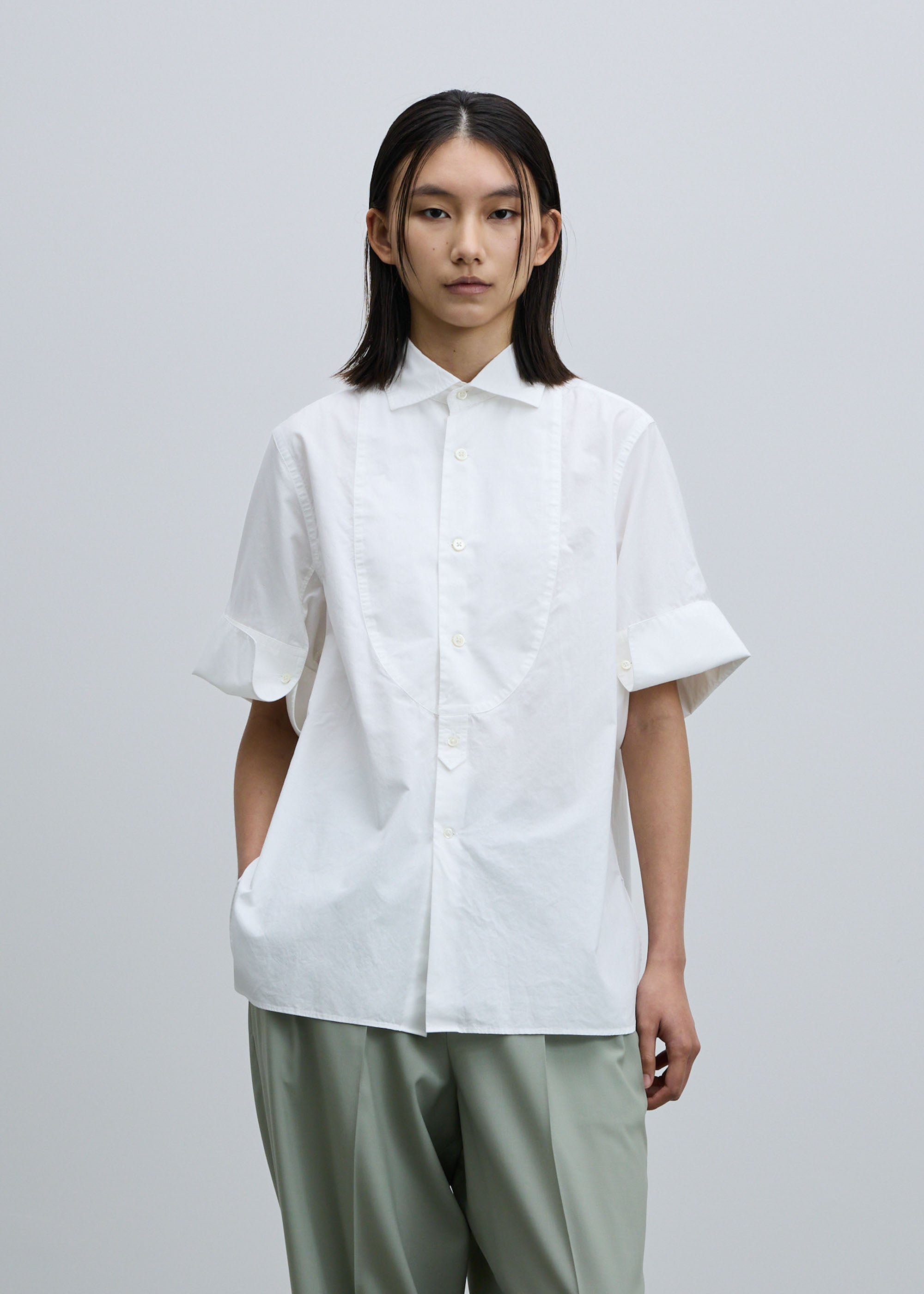 コットンシルクダブルカフスハーフスリーブシャツ