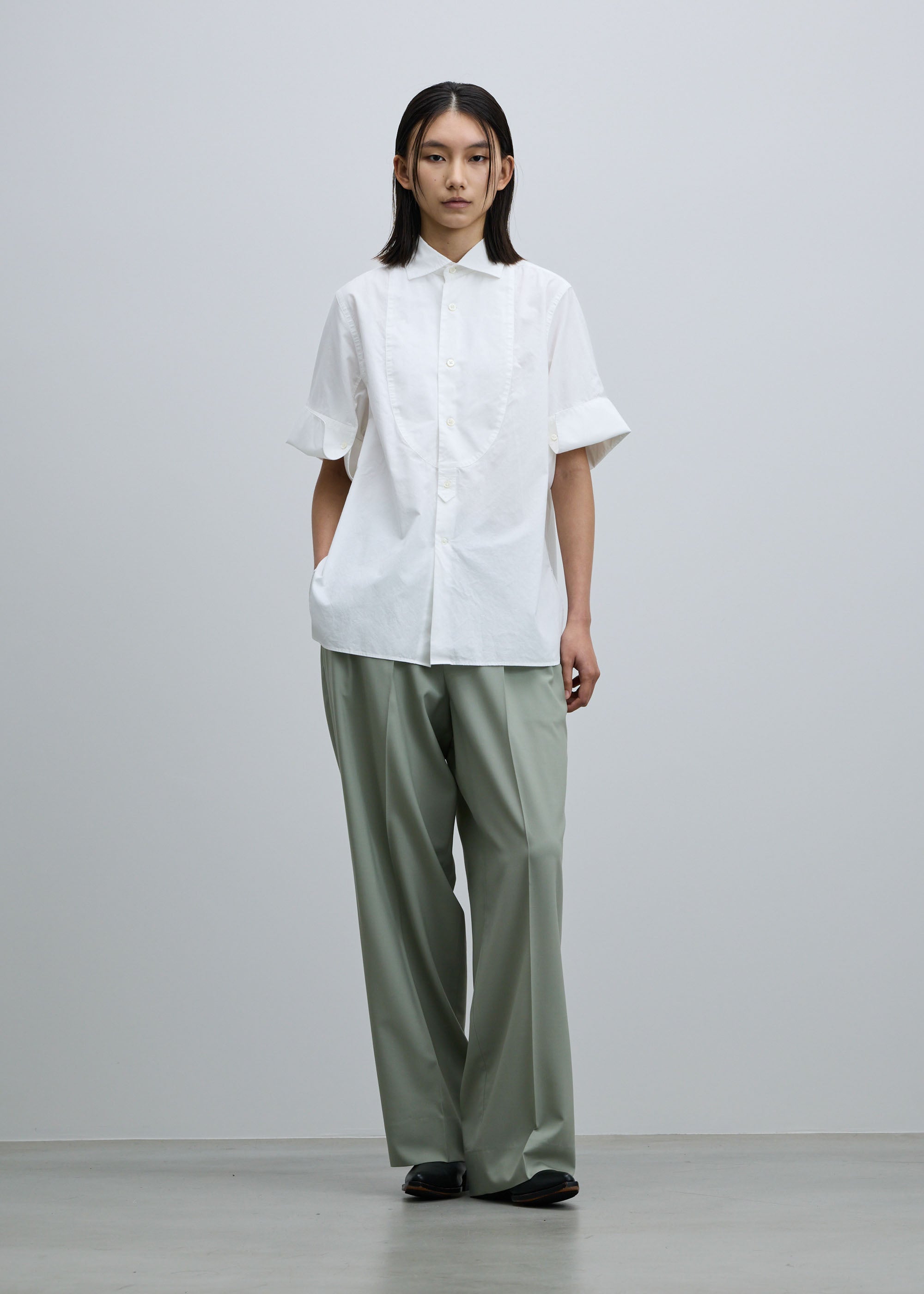 コットンシルクダブルカフスハーフスリーブシャツ