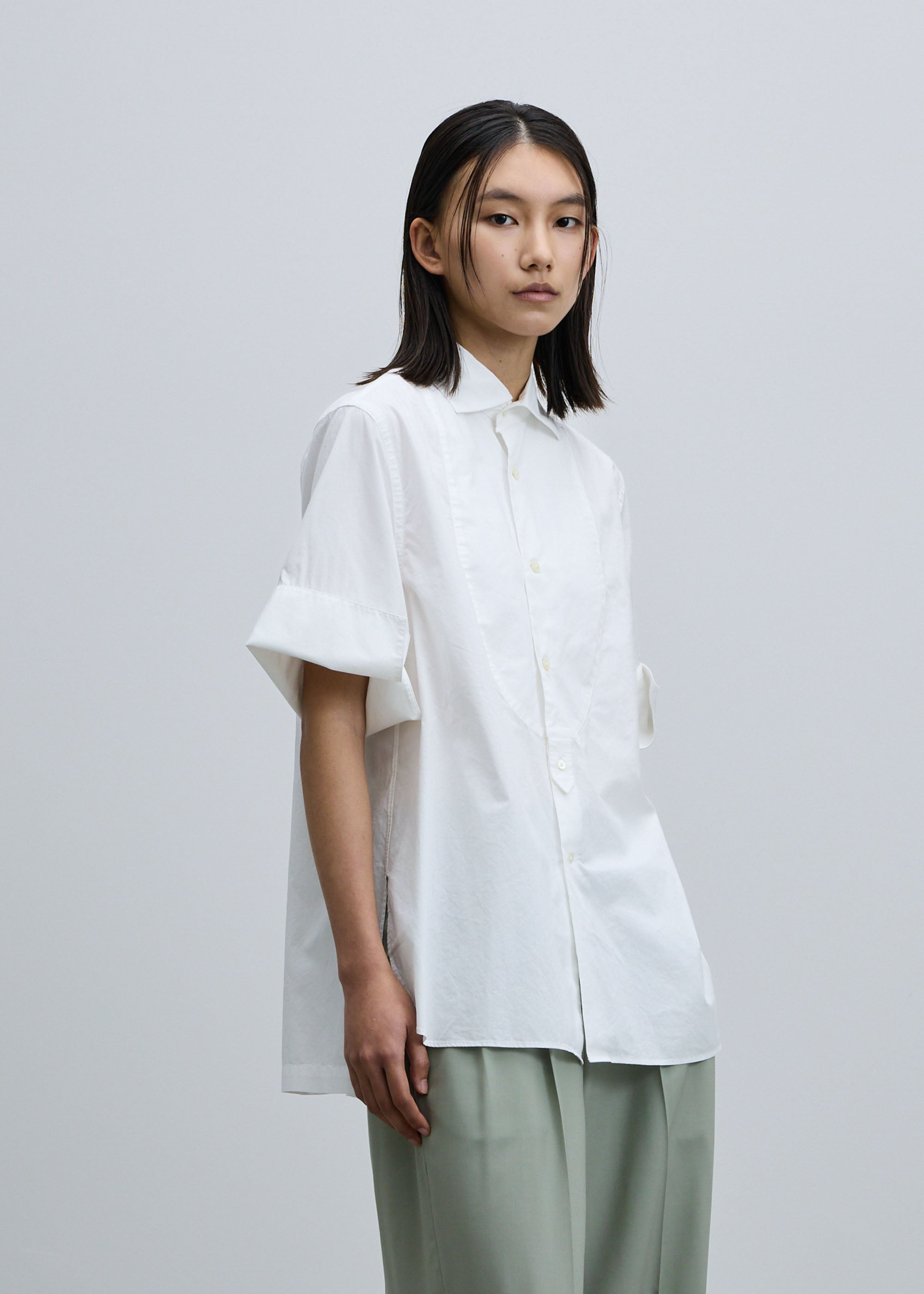 コットンシルクダブルカフスハーフスリーブシャツ
