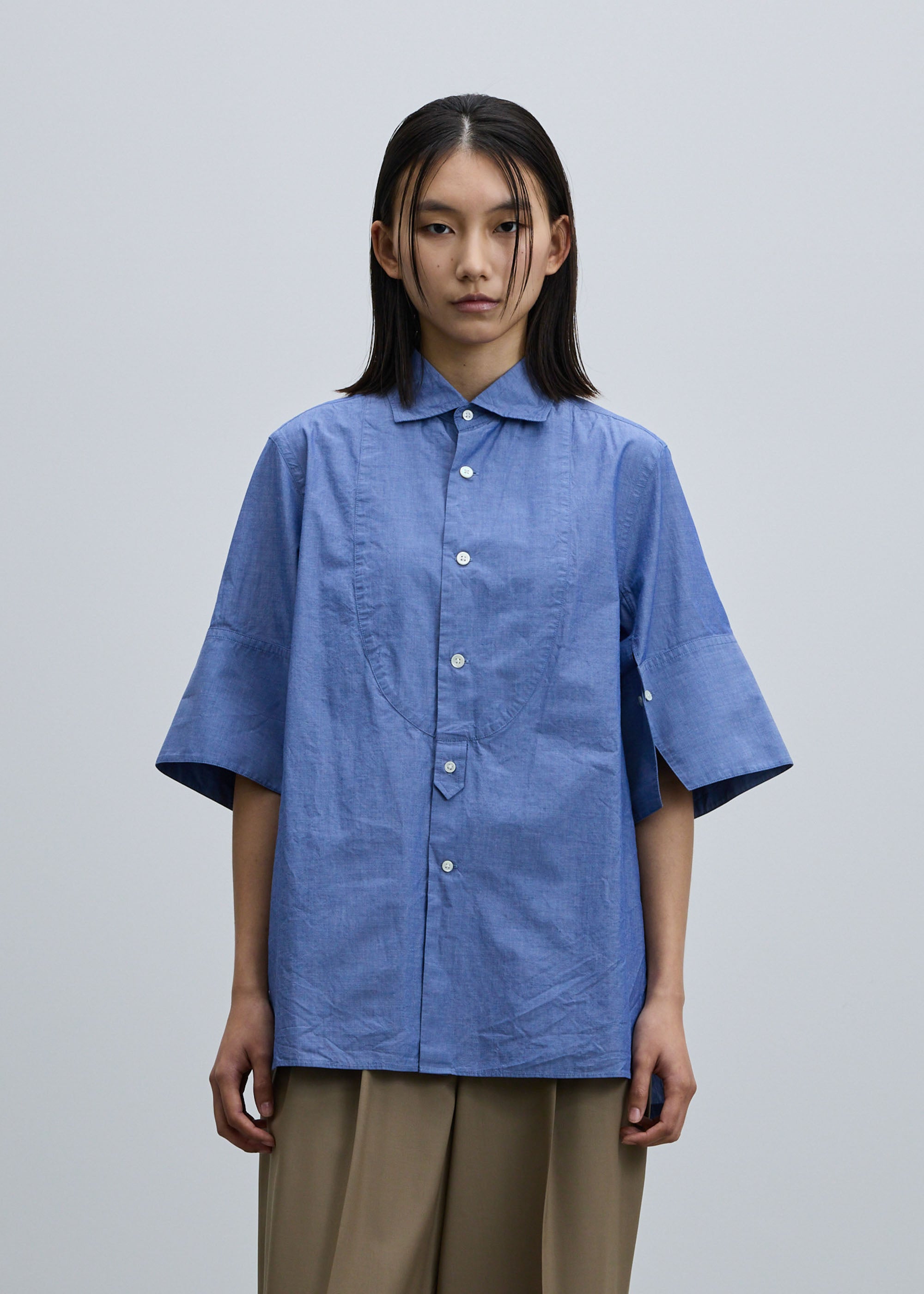 コットンシルクダブルカフスハーフスリーブシャツ