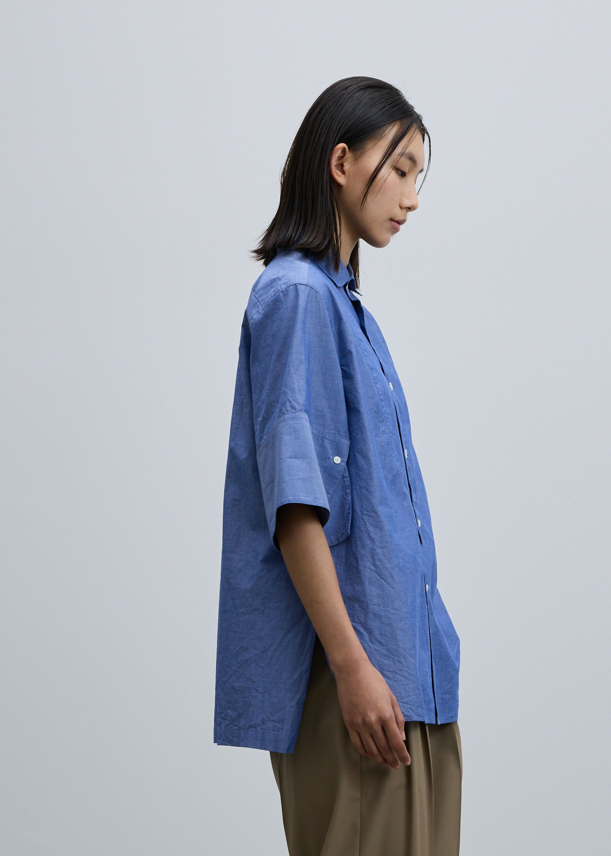コットンシルクダブルカフスハーフスリーブシャツ