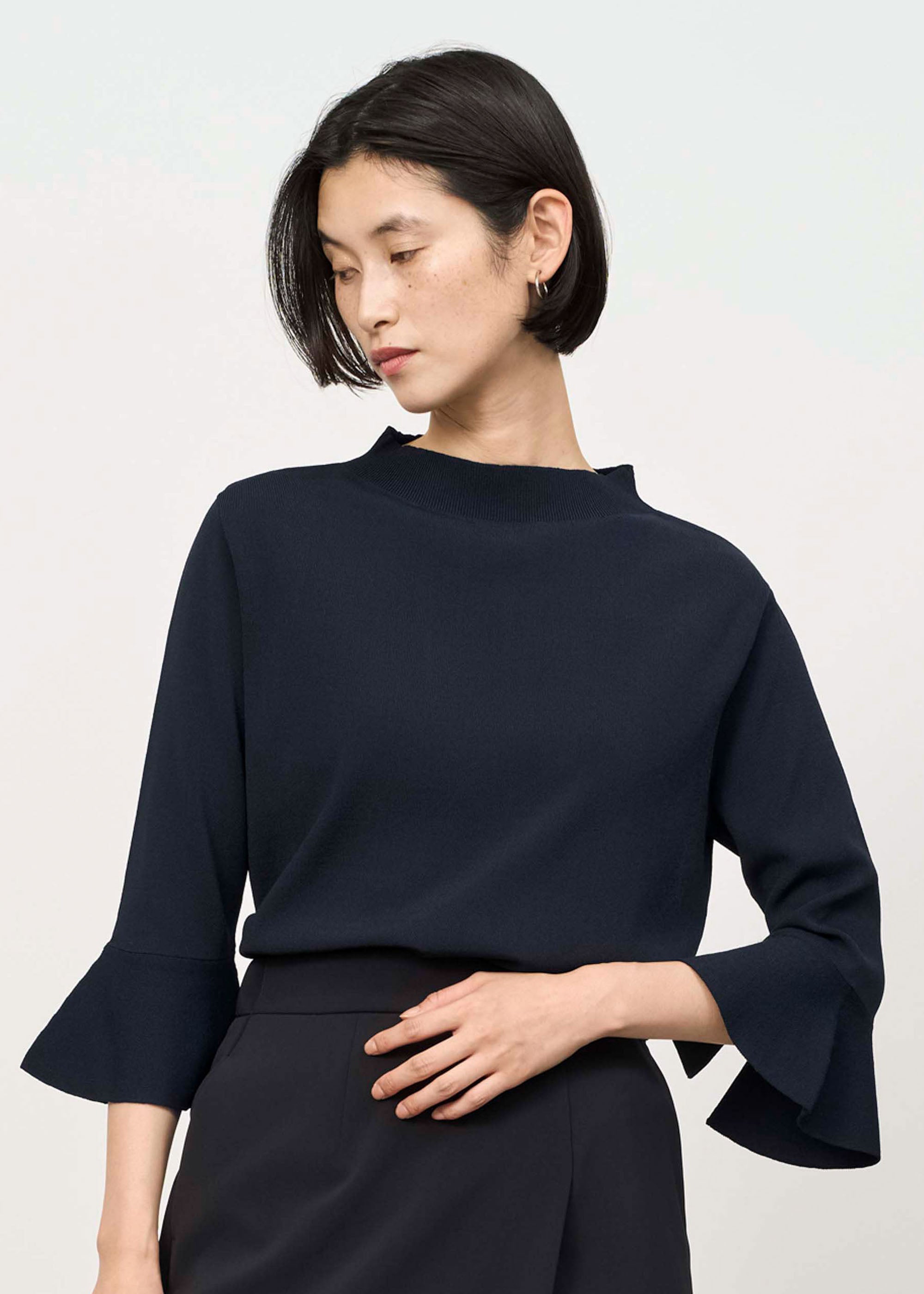 yori  ダブルフレアリブトップス 2017AW yori ヨリ ダブルフレア スウェット 七分袖 カットソー プルオーバー