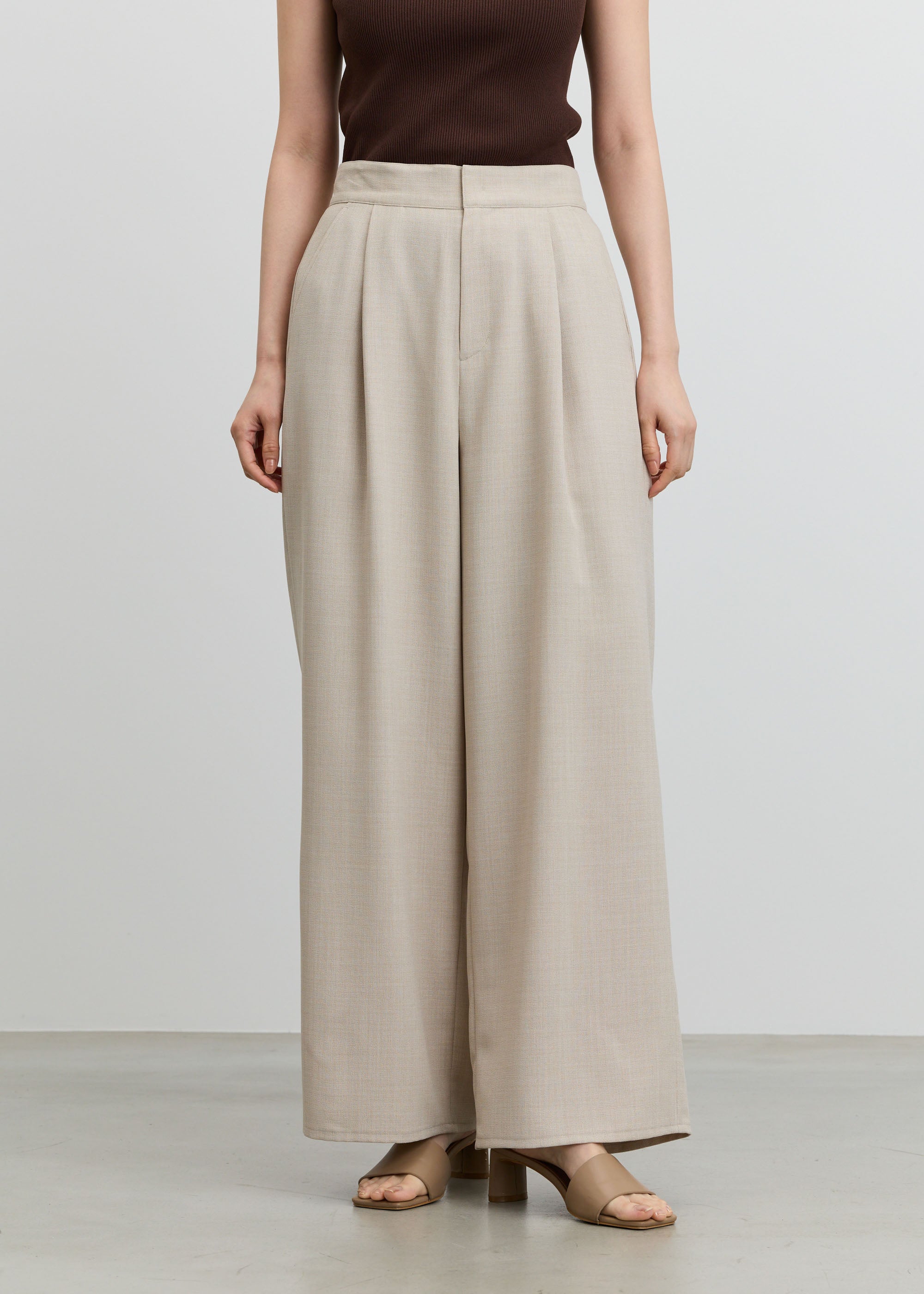 リネンライクタックワイドパンツ