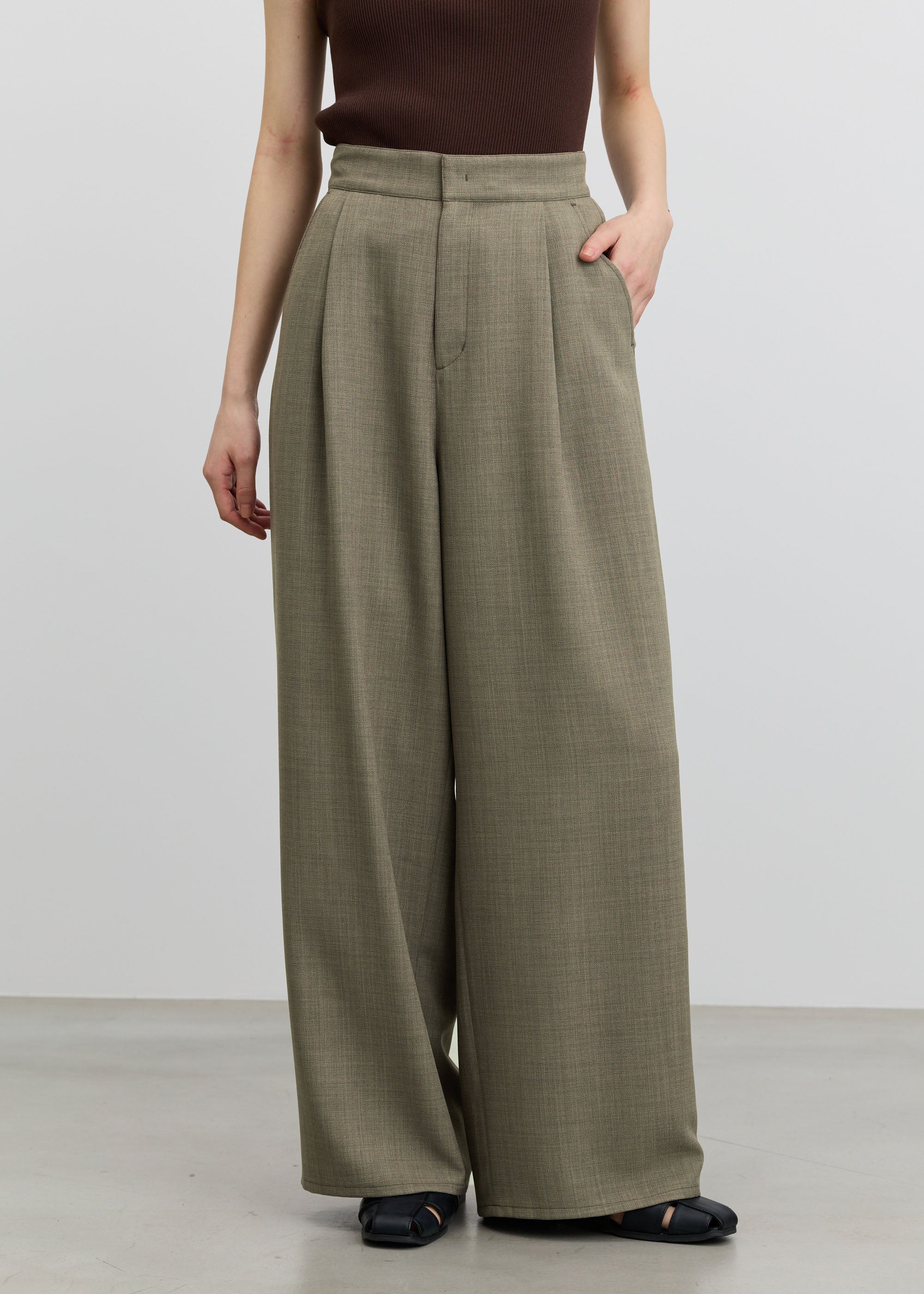 リネンライクタックワイドパンツ